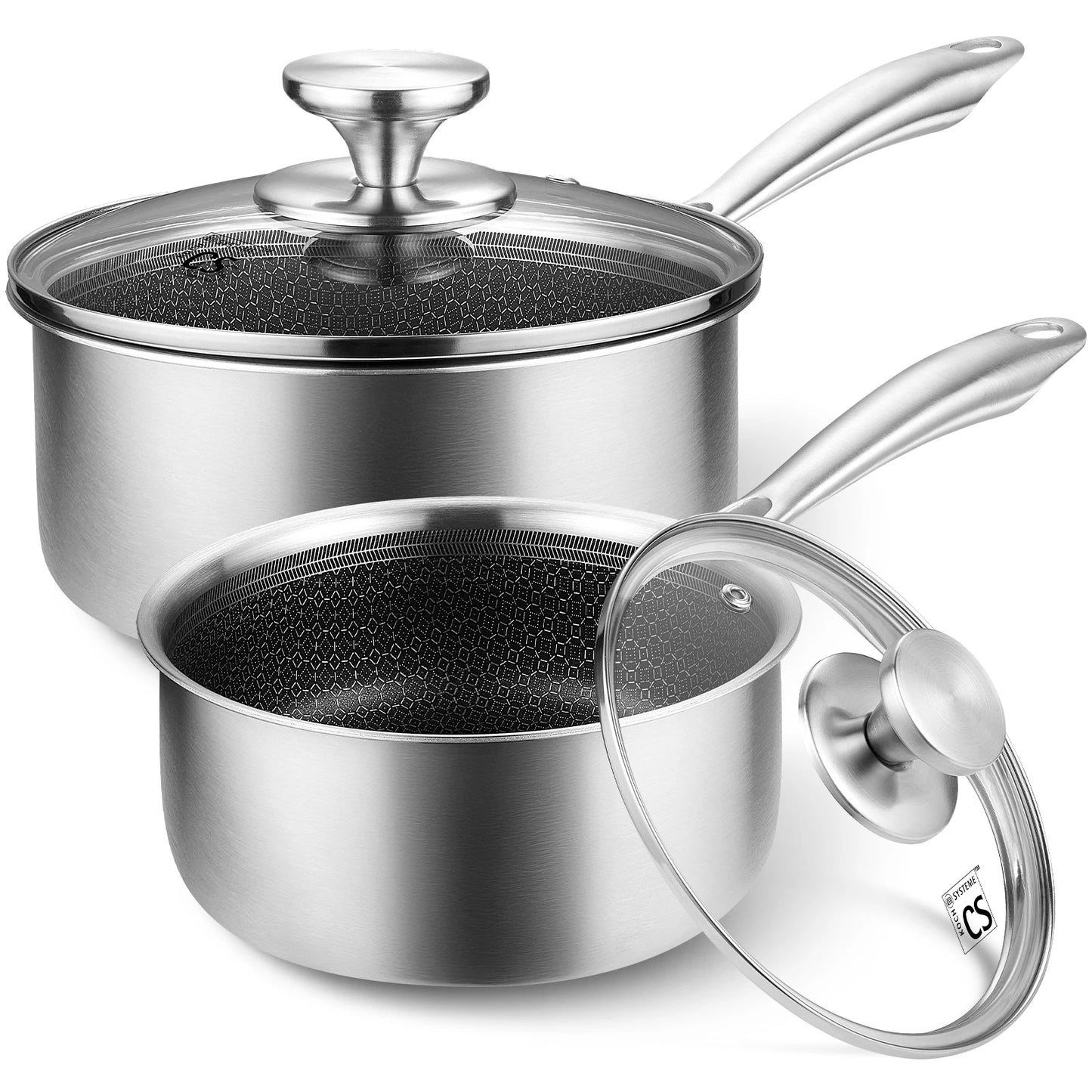 KOCH SYSTEME CS Hybrid Nonstick Stainless Steel Saucepan Set, 1QT & 2QT Triply Stainless Steel Saucepan Set