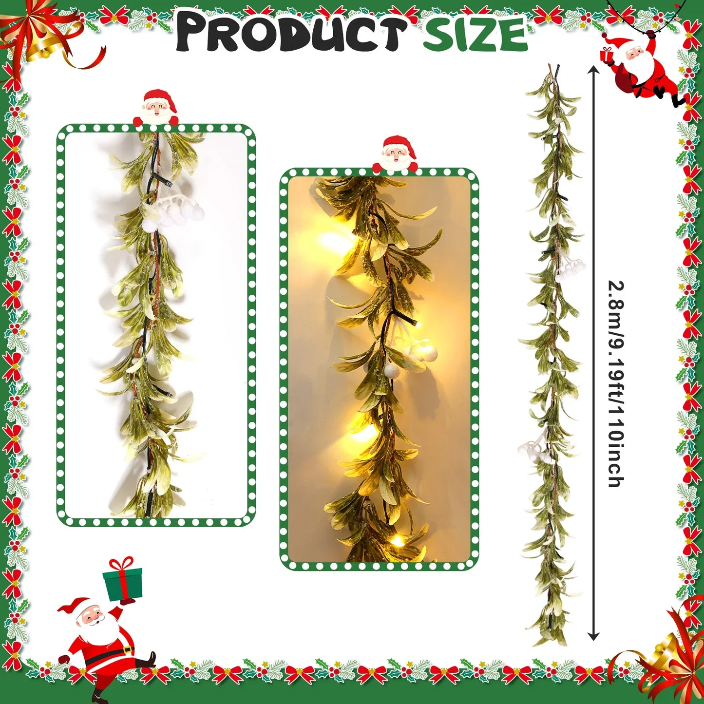 9.2FT Mistletoe Christmas Garland,Prelit Flocked Cedar Garland with Lights Mistletoe Leaves White Berry Pinecorn Star Warm White