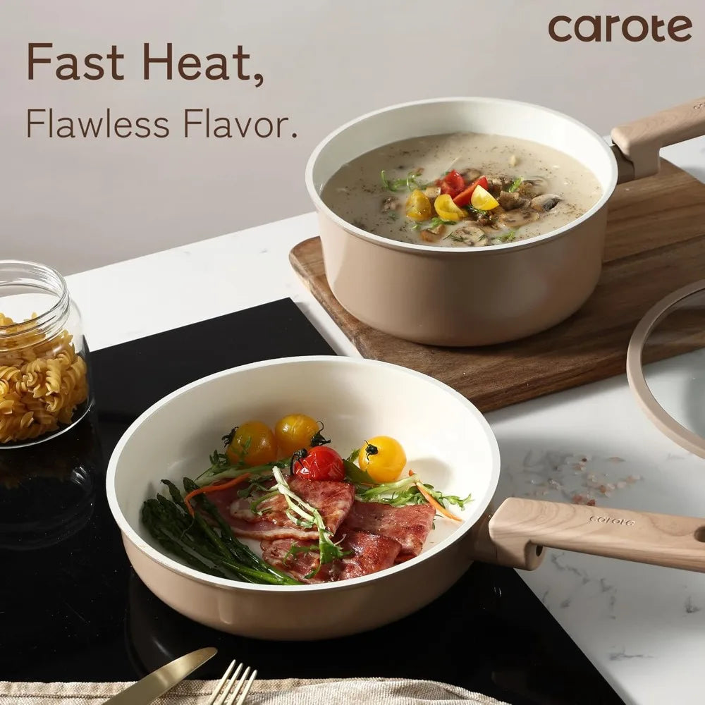 12Pcs Ceramic Cookware Set Non-Stick PFAS/PFOA Free Healthy Kitchen Pots Pans Taupe