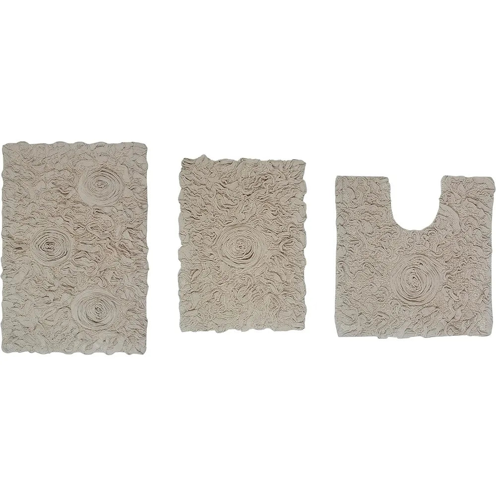 100% Cotton Tufted Bath Rugs Set, Ultra Soft Absorbent Non-Slip Mats, 3-Piece for Family Bathroom
