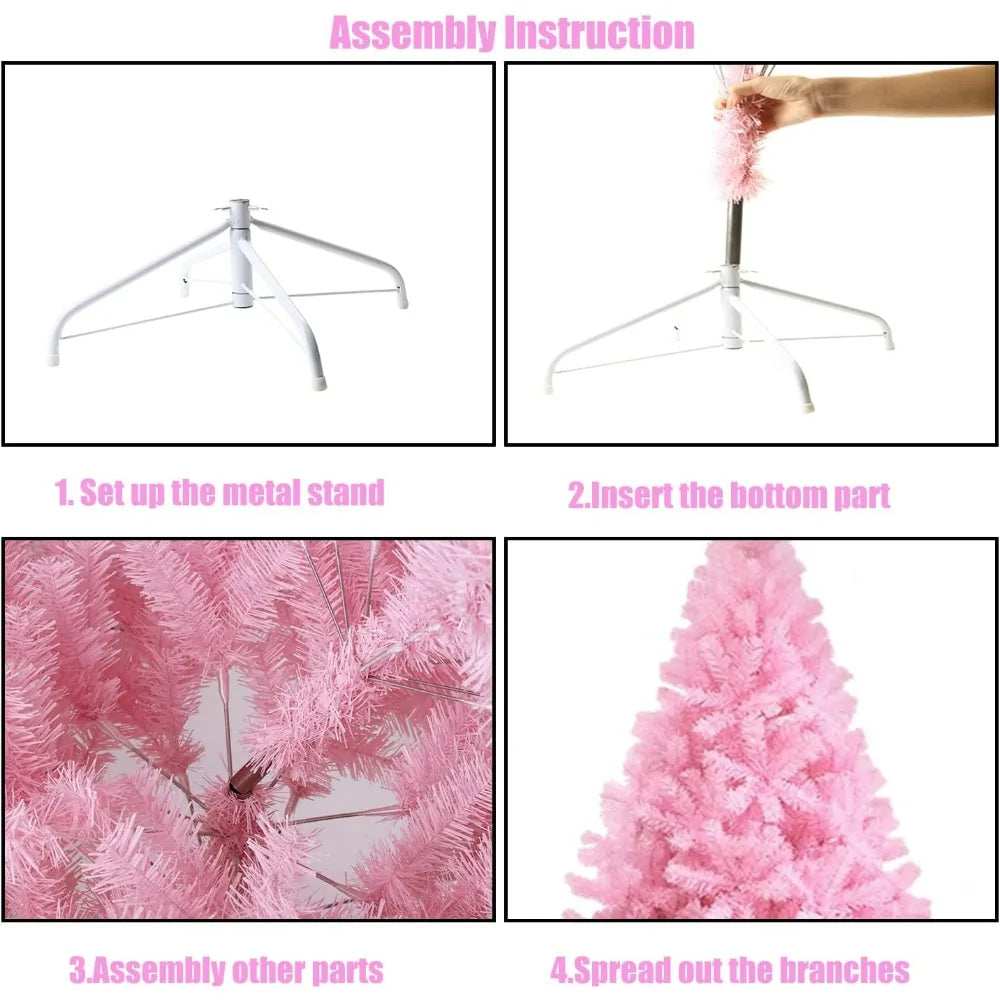 CCINEE 6ft Pink Artificial Christmas Tree 700 Branch Tips Hinged Spruce with Metal Stands Easy Assembly for Xmas Holidy