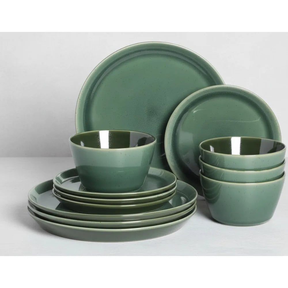 12-Piece Ceramic Dinnerware Set for 4, Reactive Glaze Plates & Bowls, Modern Stoneware Dishes - Elegant Green