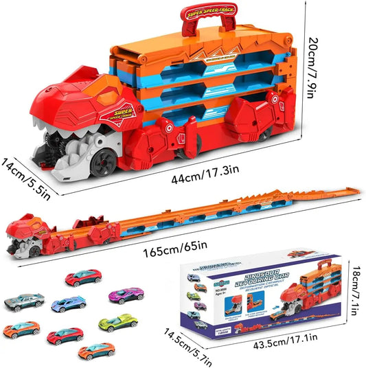 Dinosaur 3-In-1 Transport Truck Car Toys for Boys Age 3+ 8 Race Cars Ejection Folding Portable Track Toy with Sound for Kids