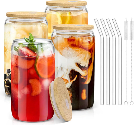 Drinkware Glasses With Bamboo Lids And Glass Straws