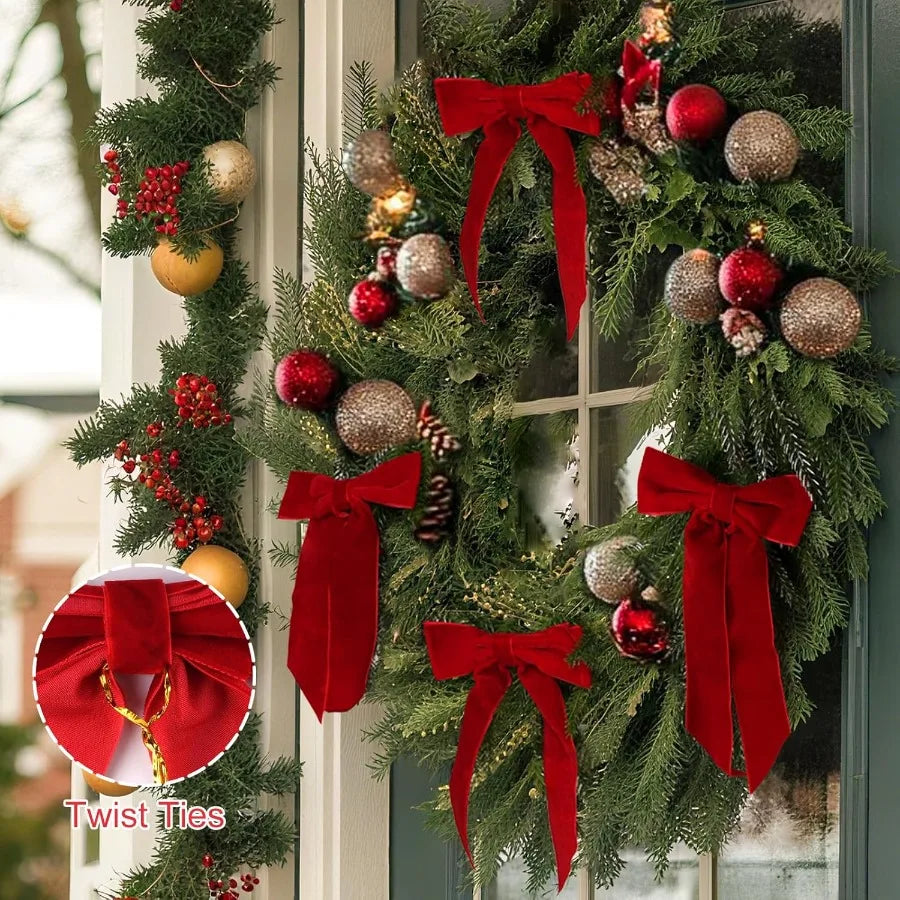 Christmas Decorations - 24 Pcs 7 x 6 inch Medium Red Velvet Bows for Christmas Tree Burgundy Xmas Ribbon Ornaments for Home Dec