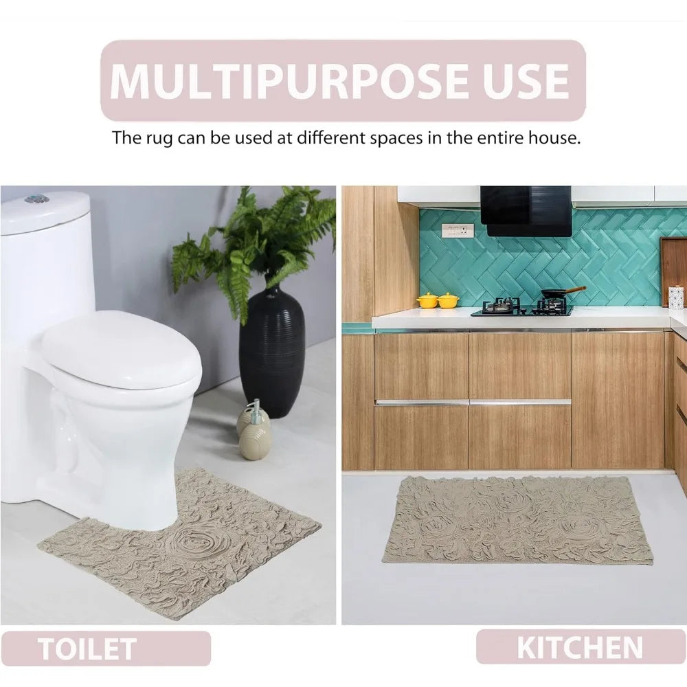 100% Cotton Tufted Bath Rugs Set, Ultra Soft Absorbent Non-Slip Mats, 3-Piece for Family Bathroom
